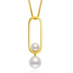 Double Pearl Oblong Shaped Drop Necklace Yellow Gold Plated 925 Sterling…